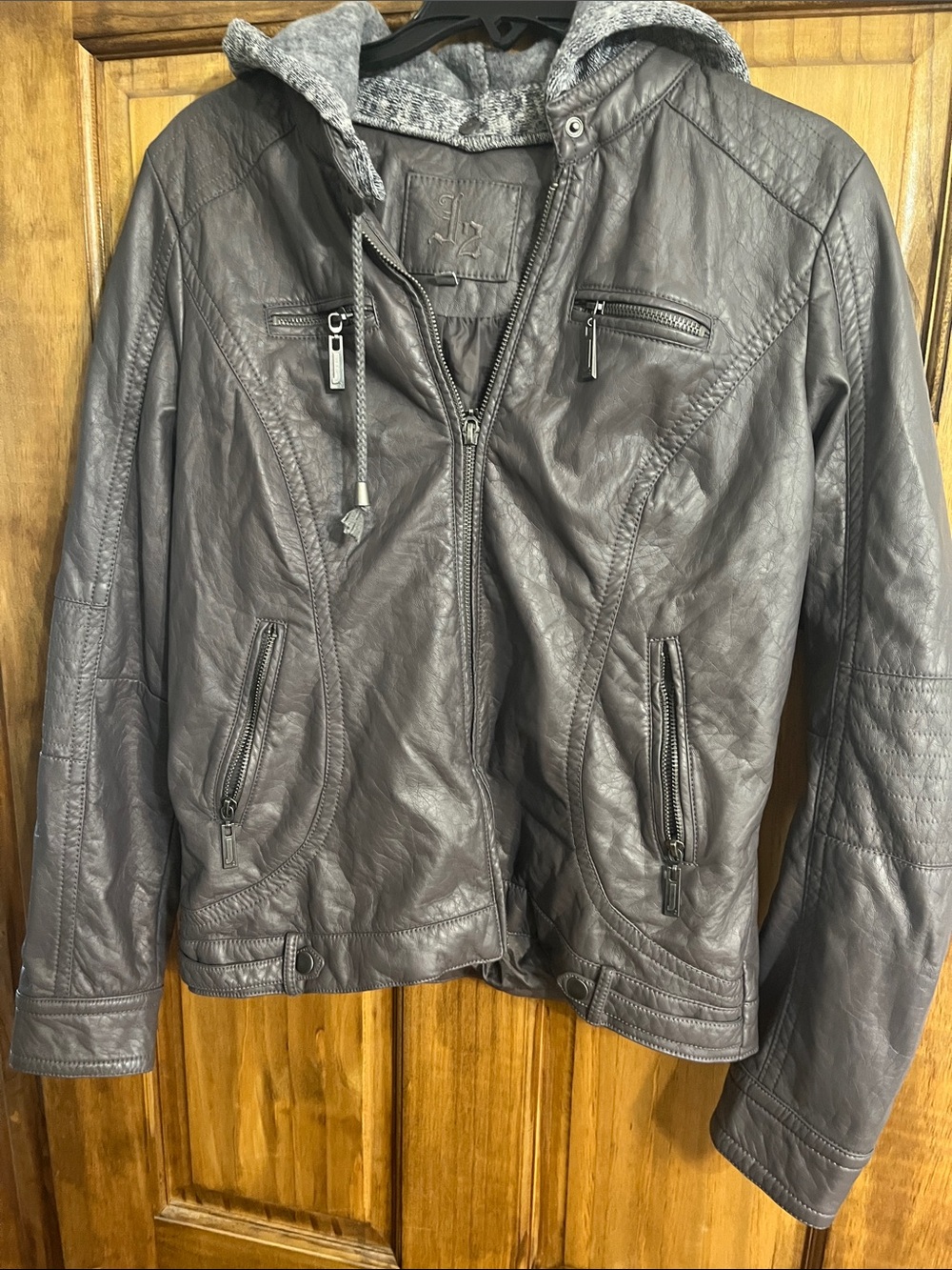 Women's Faux Leather Hooded Jacket - Gray